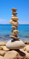 Close up, a balancing stone on top of another on the side of a rock on the beach