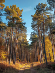 Pine forest under blue sky in autumn.