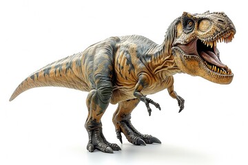Fototapeta premium Gigantic toy dinosaur, a prehistoric predator with sharp claws and a fearsome stare, evokes ancient terror.