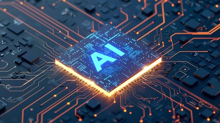 Artificial intelligence micro chip with text on chip - obrazy, fototapety, plakaty