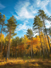 Fototapeta premium Pine forest under blue sky in autumn.