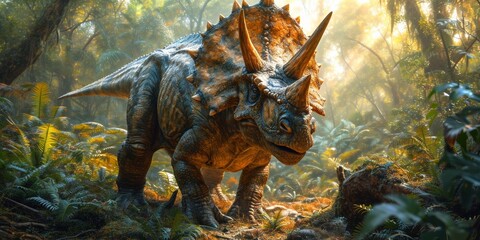 A triceratops, a fearsome hunter of the prehistoric era, Jurassic history.