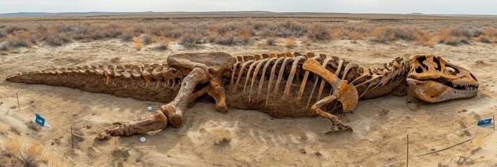 Desert's desolate landscape reveals a prehistoric skeleton - a stark, lifeless exhibit in the arid...