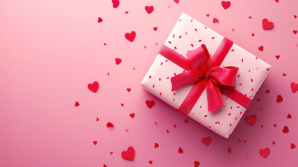 Obraz premium Top view of aesthetic gift in craft box with ribbon. Pink hearts confetti background. Greeting concept. Generative AI