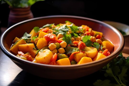 A bowl of nourishing vegetable curry, brimming with colorful chunks of carrots, bell peppers, and chickpeas.