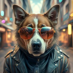 Abstract illustration of fantasy dog character in sunglasses and leather jacket