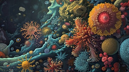 Fototapeta na wymiar Vibrant Microscopic Ecosystem: A Detailed Illustration of Diverse Microorganisms, Cells, and Bacteria Engaging in Diplomacy for Habitat Preservation