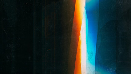 Broken display. Weathered texture. Blue orange rainbow color glowing glitch noise dust scratches damaged glass dark black illustration abstract background. - obrazy, fototapety, plakaty