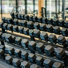 Black dumbbell set. Close up many rubberized dumbbells on rack in sport fitness center