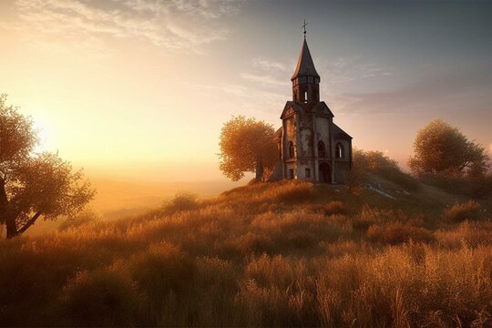 Abandoned church on a hill in rustic landscape during dawn. Computer-generated representation. Generative AI