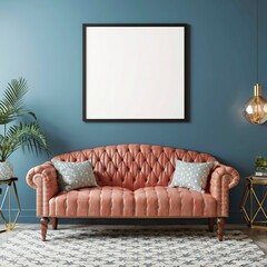 Horizontal mock-up poster, modern interior design, tufted sofa, blue wall background