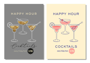 Modern flat happy hour cocktails prints set. Colorful background with cocktail glasses. Cafe, bar and restaurant concept poster and web banner. Vector illustrations.