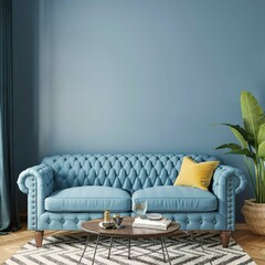 Horizontal mock-up poster, modern interior design, tufted sofa, blue wall background