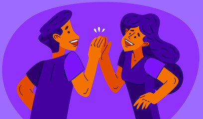 Young man and woman giving five each other, vector illustration of a happy friends or employees teammates clap each other hands displaying success.