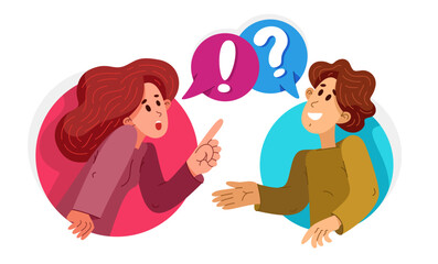 Couple of young people having conversation online via messenger, vector illustration of two people arguing and having communication, debate online speech boxes.