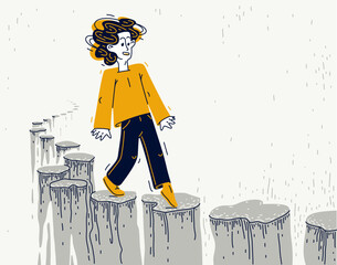 Young man walking a risky path, vector illustration of a guy walks over abyss, hard and dangerous life period concept.