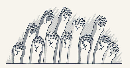 Raised hands vector illustration, voting arms, concert live party show crowd, a lot of people shows palm gesture, community concept, help aid volunteer. - obrazy, fototapety, plakaty