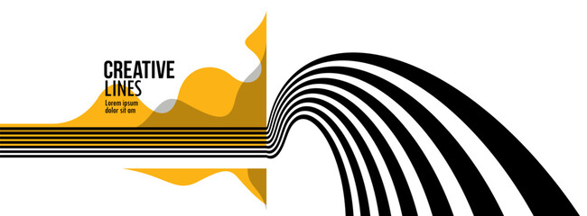 Future lines in 3D perspective vector abstract background, black and yellow linear composition, optical illusion op art.