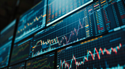 Stock Market Trends: Abstract representation of stock market trends and financial data, illustrating concepts of investment, trade, and profit - obrazy, fototapety, plakaty