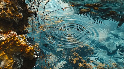 Rippling Water Effects in a Quantum Ecosystem, Interconnectedness Illustrated with Vibrant Aquatic Flora and Rocky Terrain - obrazy, fototapety, plakaty