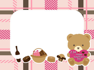 かわいい熊のぬいぐるみとバレンタインのハートとチェック柄の背景