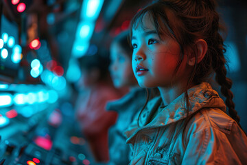Little Asian girl wearing a spacesuit and looking at the dashboard inside a spaceship in space. Space flight in the future. Neon colors