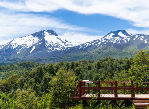 Amazing view of the mocho and choshuenco volcanos in the south of chile