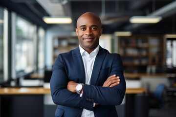 Happy confident african american businessman in office looking at camera