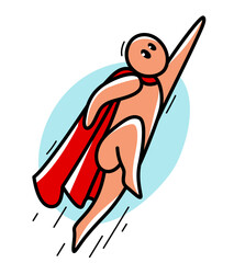 Funny cartoon man flying with coat like a superhero vector flat style illustration isolated on white, cute and positive small guy drawing or icon.