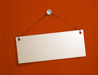 Blank paper piece hanging on a thread vector realistic illustration over wooden background, graphic design mockup for message.