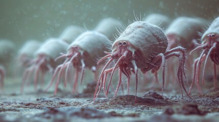 Dust mites: These are microscopic creatures that live in dust and can cause allergies in some people. House dust mite allergy - obrazy, fototapety, plakaty