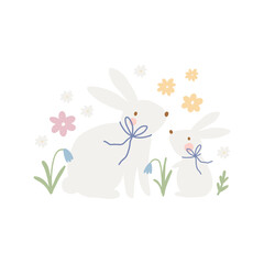 Spring floral cartoon print with cute bunny. Happy Easter print in flat style and pastel colors. Mom and Baby
