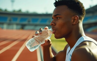 Sportsman drinking water on stadium. Male runner sprinting during training session for competition. People, sport and healthy lifestyle.