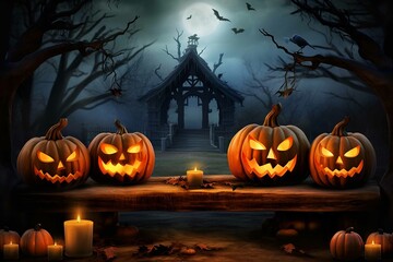 Halloween pumpkin head jack lantern with burning candles, Spooky Forest with a full moon and wooden table