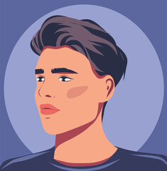 Handsome young man vector avatar icon for social network. Sideways pose portrait. Vector flat illustration on blue background. Simple style