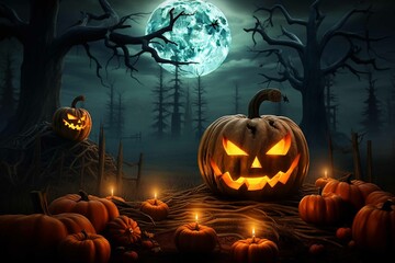 Halloween pumpkin head jack lantern with burning candles, Spooky Forest with a full moon and wooden table