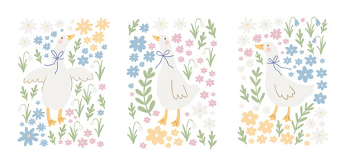 Spring cartoon pattern with cute goose. Happy Easter print in flat style and pastel colors - obrazy, fototapety, plakaty