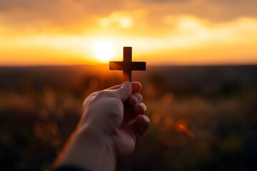 A wooden cross held against a blue sky symbolizing faith and reflection for Good Friday