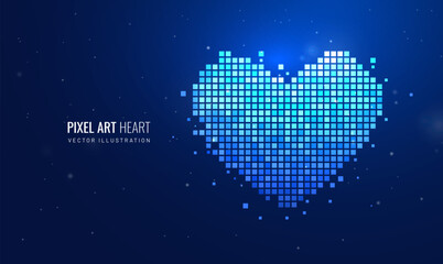 Fototapeta na wymiar Pixel heart in digital futuristic style. Silhouettes of hearts in halftone and mosaic - elements for design. Vector illustration with light effect