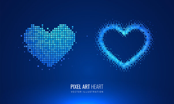 Pixel heart in digital futuristic style. Silhouettes of hearts in halftone and mosaic - elements for design. Vector illustration with light effect