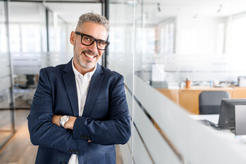 Portrait of confident mature gray-haired businessman standing with arms crossed, male office employee in formal wear, high-skilled expert looking at the camera and smiles, ready for new achivements