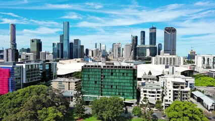 Brisbane, Australia: Aerial view of skyscraper skyline of Brisbane central business district (CBD) in capital city of Australian state of Queensland