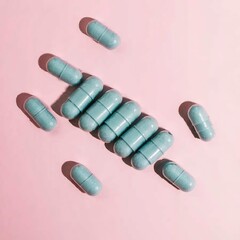 Blue capsule pills on pink background. Online pharmacy concept. Pharmacy banner