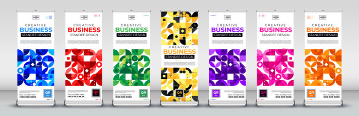 Retro Corporate business conference roll up banner designs for x stand with eye catchy blue, red, green, yellow, purple, pink and orange for presentations, events, sales, promotions