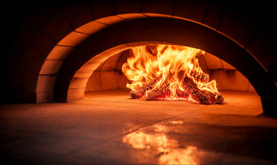 Brick oven with open fire, background with copy space
