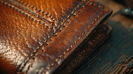 A close-up shot capturing the intricate details of a handcrafted leather wallet. 