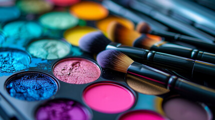 A cosmetic set with makeup brushes and vibrant palettes, arranged in a chic and organized manner.