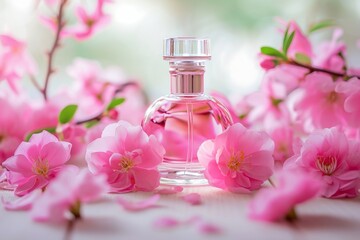 Luxury perfume bottle with pink flowers background