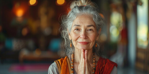 Fototapeta na wymiar Ältere Frau macht Yoga-Praxis