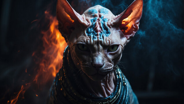 Sphynx cat alien character. Portrait of a cat alien from other galaxy on futuristic background